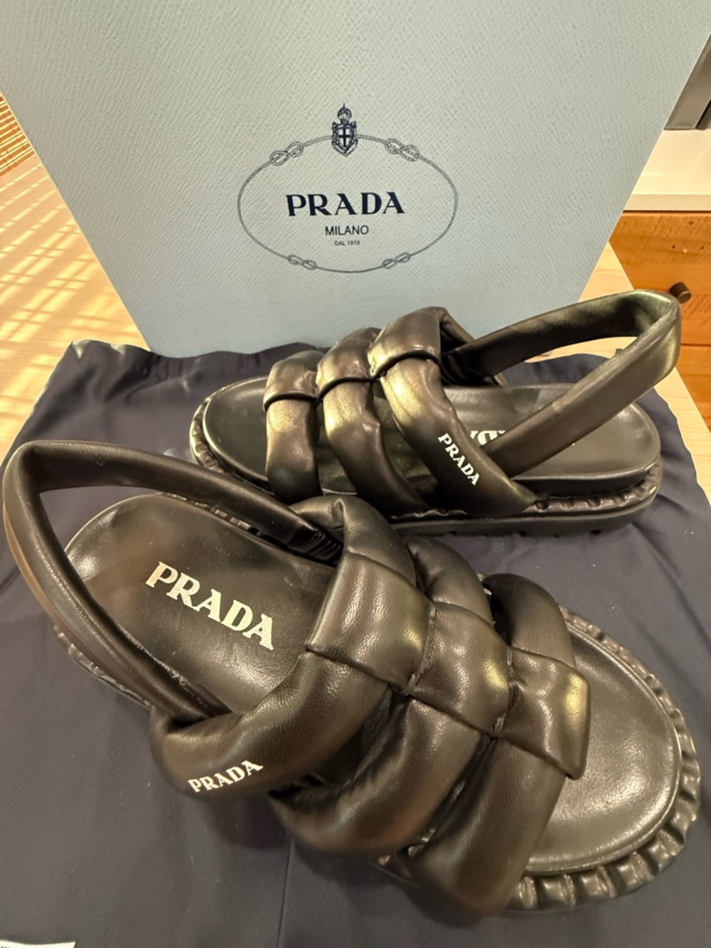Authentic Prada Black Padded Leather Knot Slingback Sandals